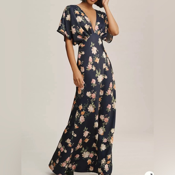 BHLDN x Anthropologie Leila Deep-V Flutter-Sleeve Satin A-Line Gown - Picture 1 of 17